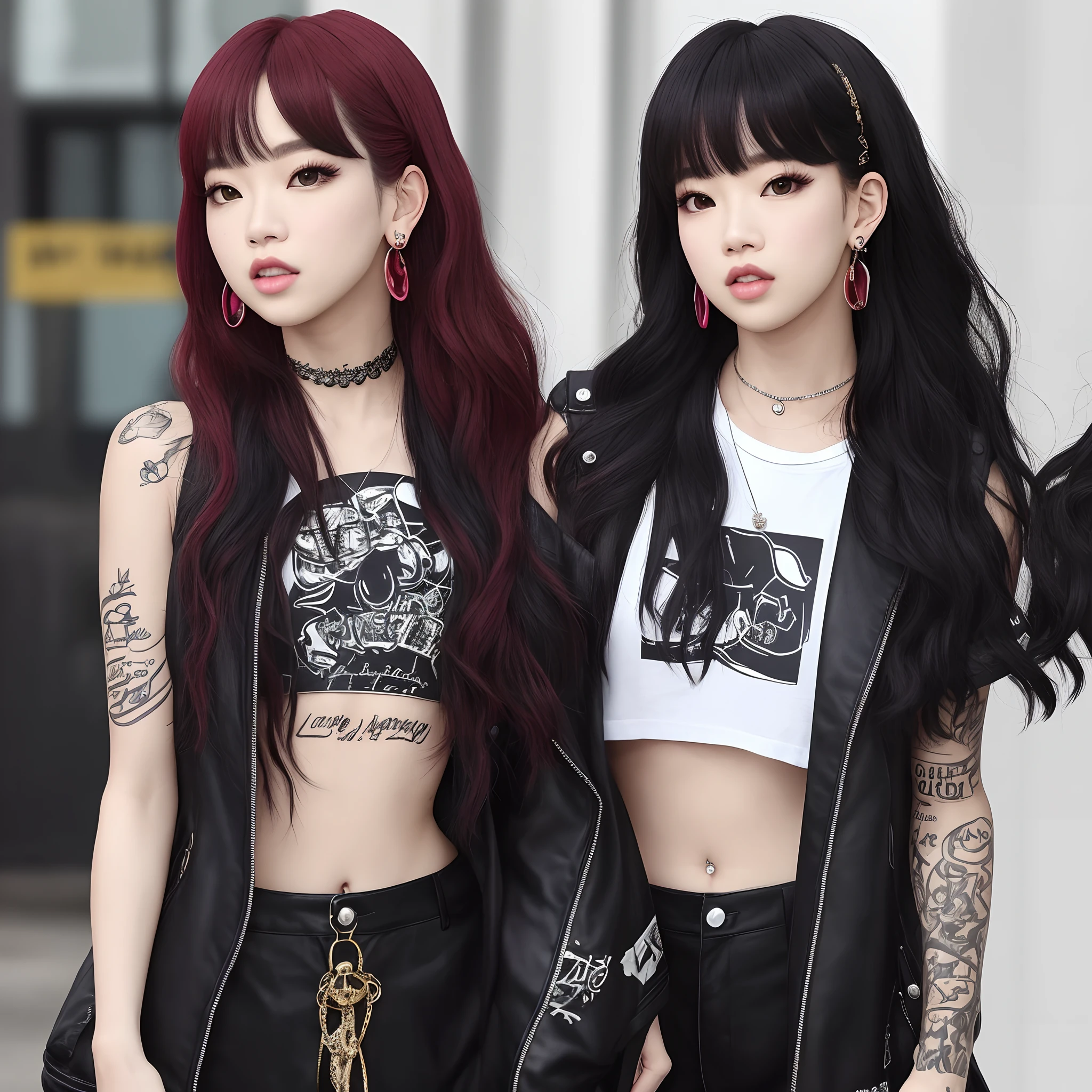 lisa manoban of blackpink com tatuagens, cabelo preto e com franja, com jaqueta de couro e piercings