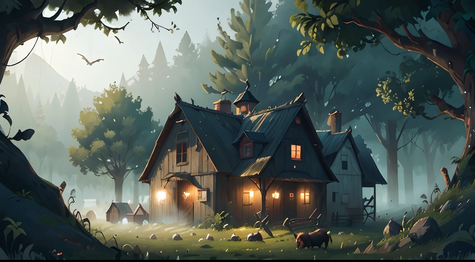 The farm with dark lighting, terror. a white fog.
