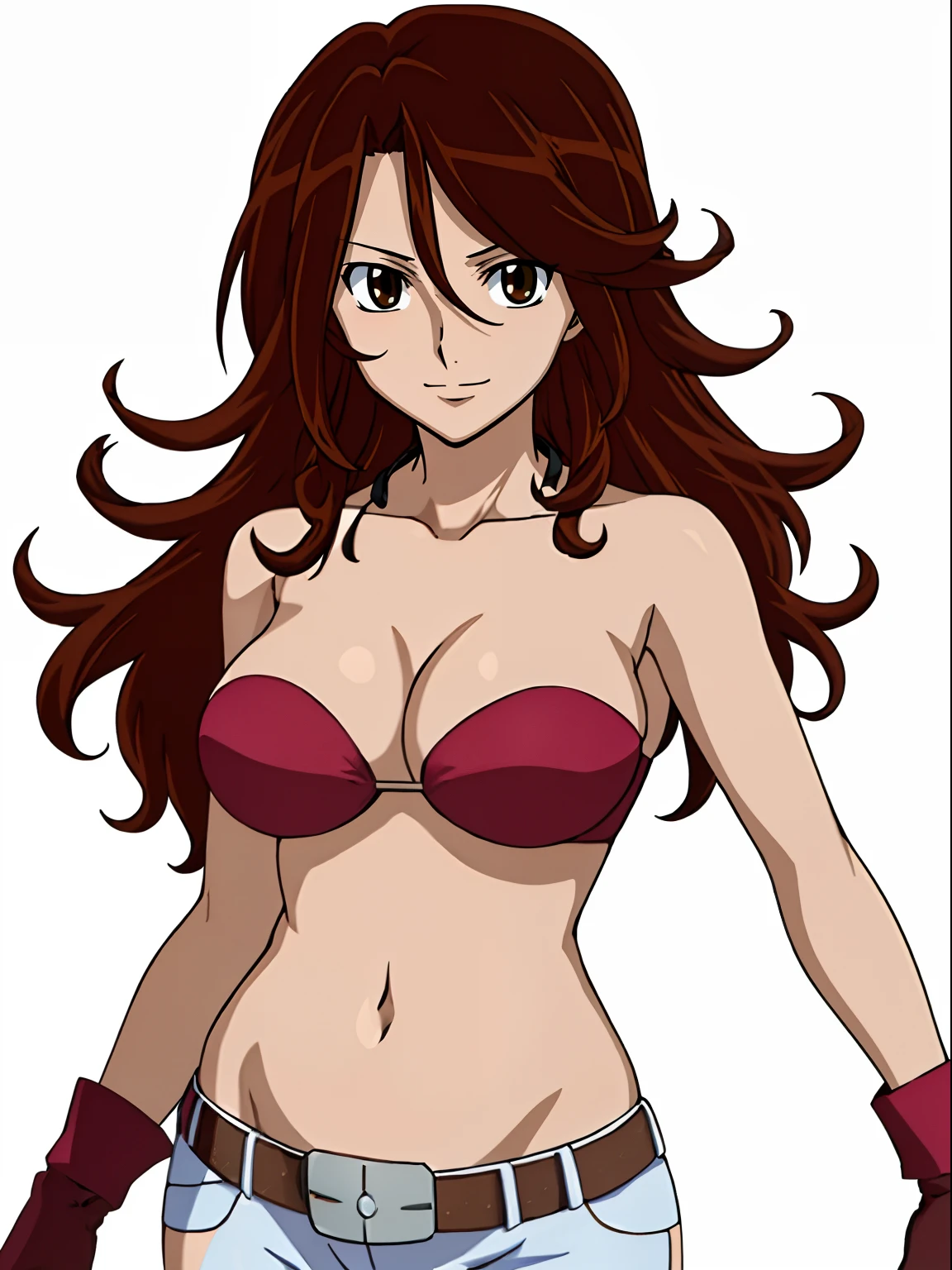 ((solo)), Best Quality, hires, curvy midsection, strong woman, female wrestler, smile, happy), upper body only, anime style: 1.8, anime drawing, ultra detailed face, ultra detailed body, 4k, Sumergai Lee Noriega, (standing), best quality, anime style, hires, highest definition, digital blending, bold drawing lines, (((White Background))), ( pro female wrestler, long attractive belly, slim body, (strong arm muscles), broad shoulders , off-shoulders, closed fists, (strapless bikini, shorts, white gloves, , arm band, champion belt)), (big breasts, closed mouth), (big eyes, brown eyes, shiny eyes), (reddish hair, loose hair, curly hair, wavy hair, long hair, floating hair), 27 years old