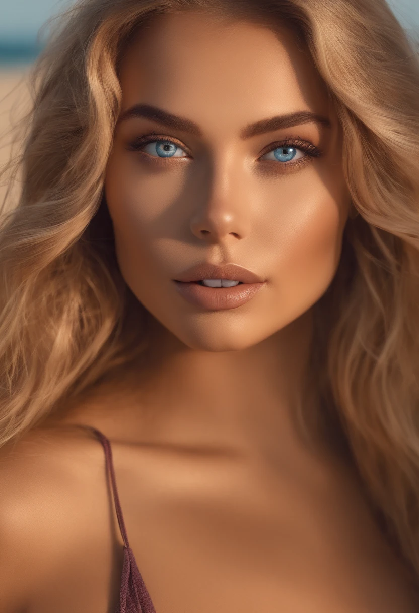 arafed woman fully , sexy girl with blue eyes, ultra realistic, meticulously detailed, portrait sophie mudd, blonde hair and large eyes, full body of a young woman, squinty eyes, violet myers, natural makeup, looking directly at the camera, face with artgram, subtle makeup, long eyelashes, eye makeup, stunning full body shot on beach, standing in sand, medium to large size bust mixed race, bikini, thong, happy