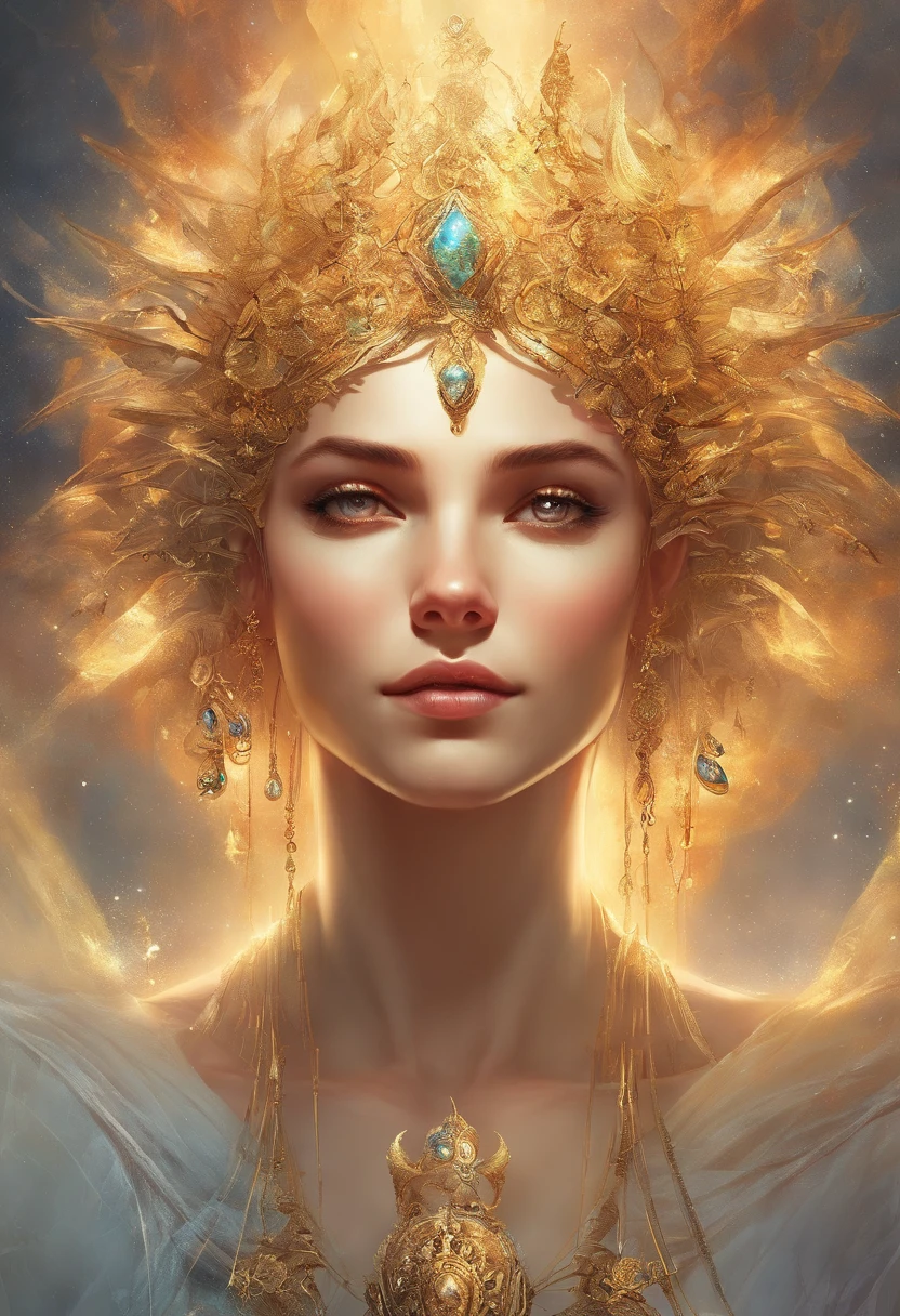 A high-definition portrait of a man's face, Deus, arte de deus, Deus da mitologia grega, Um retrato impressionante de um deus, Frank Kelly Freas, Estilo Karol Bak, ((beautiful face)), Ultra Definition, melhor qualidade. Olhos de ferro derretido saindo da chama, rosto brilhando como o sol, Longos cabelos brancos e brilhantes preenchendo a imagem, Coming out of the mouth a translucent and bright beam of light, wearing a bright white tunic from the first century with polished gold accents. Olhos fixos no centro da imagem. Show from face to shoulders.