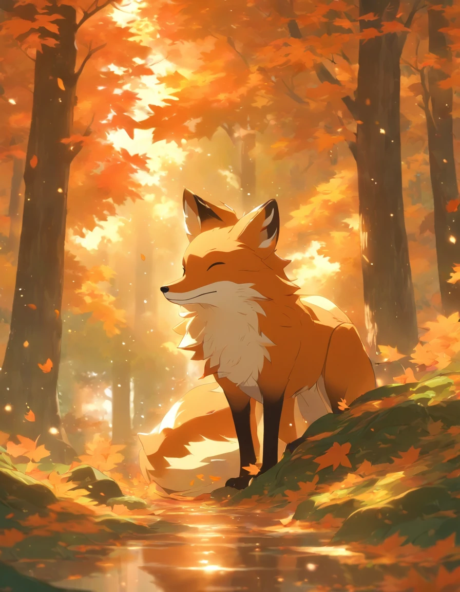 (Best quality,4K,8K,A high resolution,Masterpiece:1.2),Ultra-detailed, A lot of cereal leaves fall,Colorful autumn scenery,Lonely fox,Cute fox,autumn forest,Fox in a maple leaf cloak,Hidden fox,Tree roots,rainy days,tranquil ambiance,maple trees,fall foliage,Color fox,Dark green and orange leaves,Peaceful environment,Natural lighting,Soft raindrops,Leaves on the ground,Gentle mist,The shimmering sun shines through the woods,Majestic tree trunk,Quiet solitude,Magical atmosphere