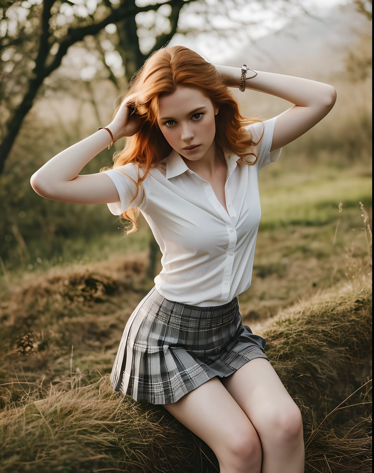 1girl in, age19, Solo, Aesthetic artwork, irish redhead, wavy ginger hair, shoulder length ginger hair, gray eyes, light grey eyes, some small freckles, pale skin, A-cup, small breasts, runners body, fullbody shot, (textured skin, skin pores:1.1), (moles:0.8), imperfect skin, goosebumps, (Pose with back to camera), bending over, ((ultra short skirt)), ass, shirt, beautiful nature location, around flower location, (detailed background), plaid skirt, white shirt, Show a little chest through the shirt, loafers, blurry background, blurry, holding, plaid, short sleeves, jk ribbon on the neck, jk ribbon, water, , jewelry, parted lips, lips, from side, pleated skirt, depth of field, (extremely detailed 8k wallpaper), soft lighting, high quality, film grain, Fujifilm XT3 sharp focus, f 5.6, 50mm, High Detail, Sharp focus,(natural light), (seductive), Realistic, ultra realistic, photo realistic, crazy details, complex details, hyper detailed,