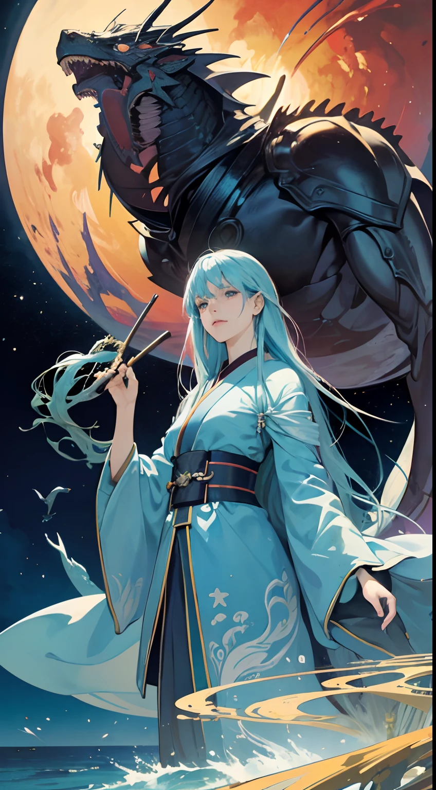 Jean Giraud, Masamune Shirow, Surreal, mysterious, bizarre, fantastic, fantasy, Sci-fi, Japanese anime, sea, girl perfect voluminous body, dragon, empire of fantasy, art and science, mannerism, Prague, painter, sculptor, poet, astronomer, mathematician, magician, void and wonder, unknown knowledge, detailed masterpiece