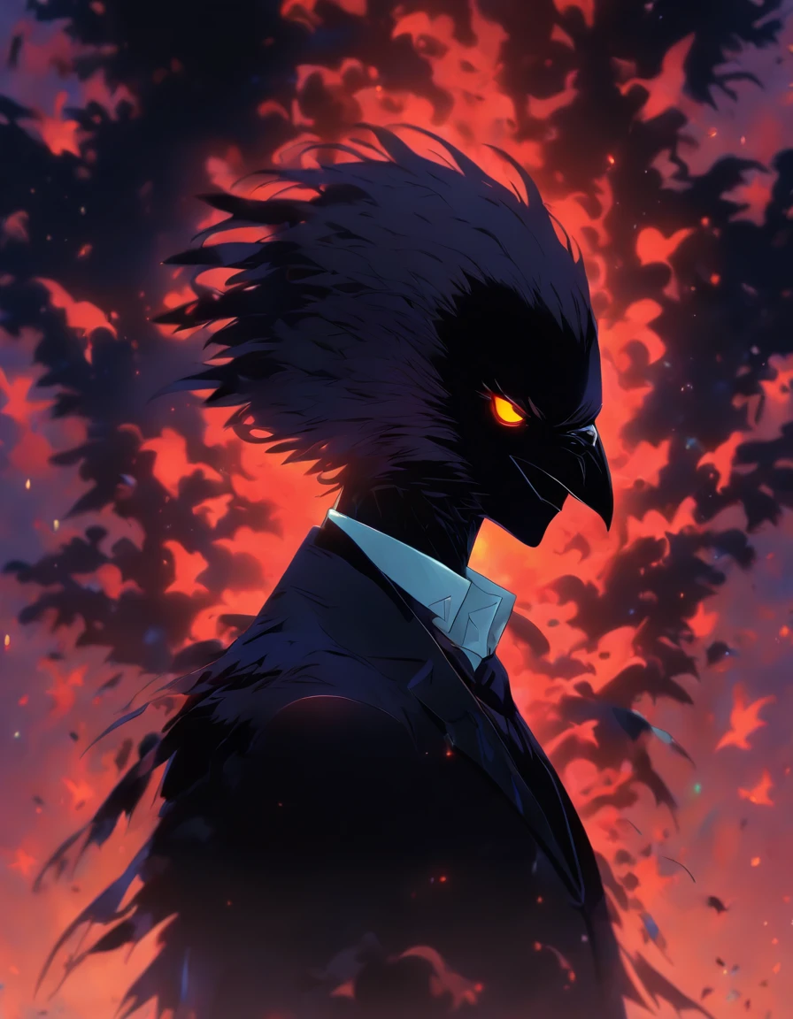 Generate me a human raven dressed in a black suit
