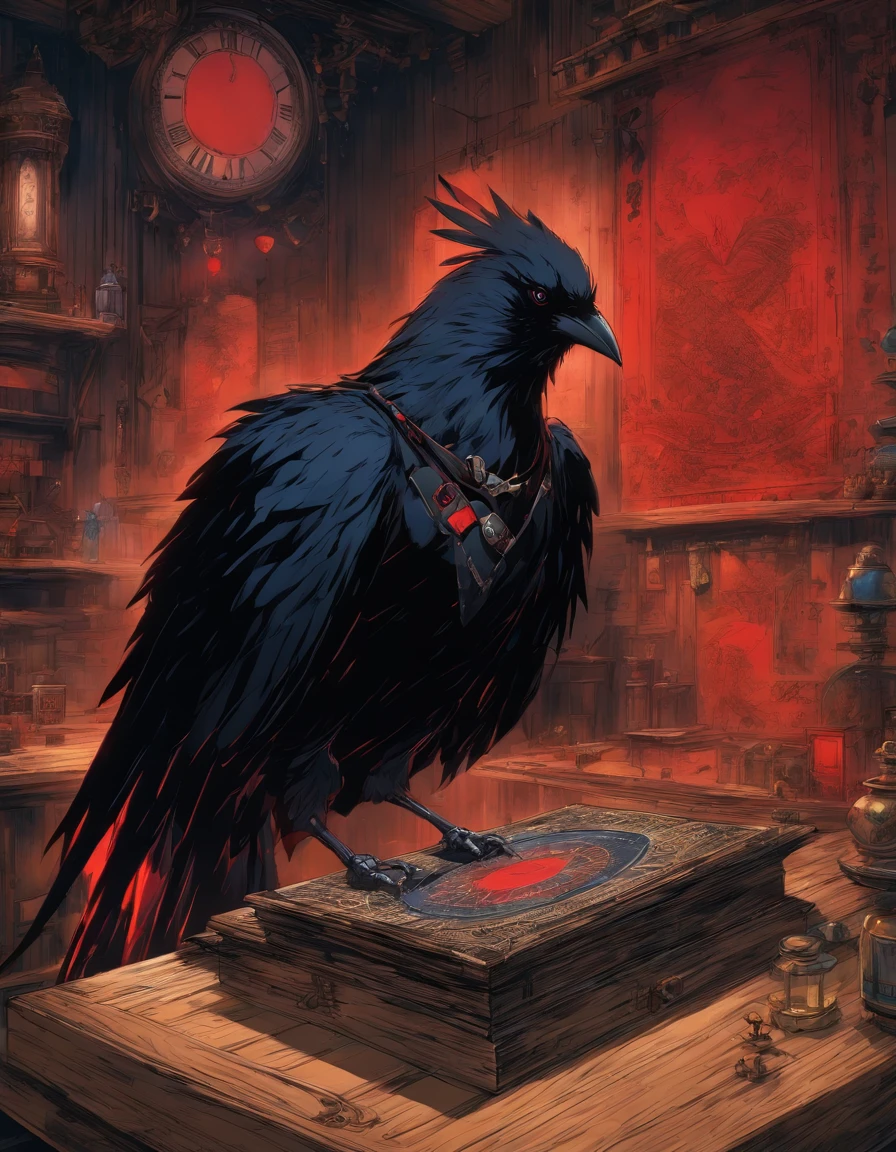 Une image du Corbeau Noir debout devant la table en bois, The plans spread out in front of him. Detailed blueprints of the red diamond watch can be seen, highlighting his obsession with the precious object.