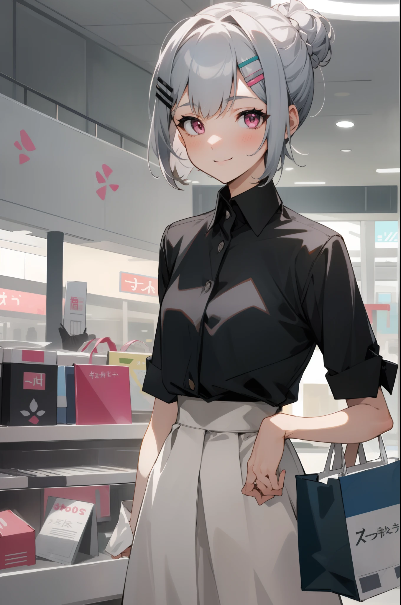 1girl in, Solo, Short hairstyle with silver hair and bob, Hair tied in a bun with a hair clip, Pink eyes、small tits, high waist skirt, Long skirt, White skirt, Black shirt, long leeves, Smile, inside in room, shopping mall