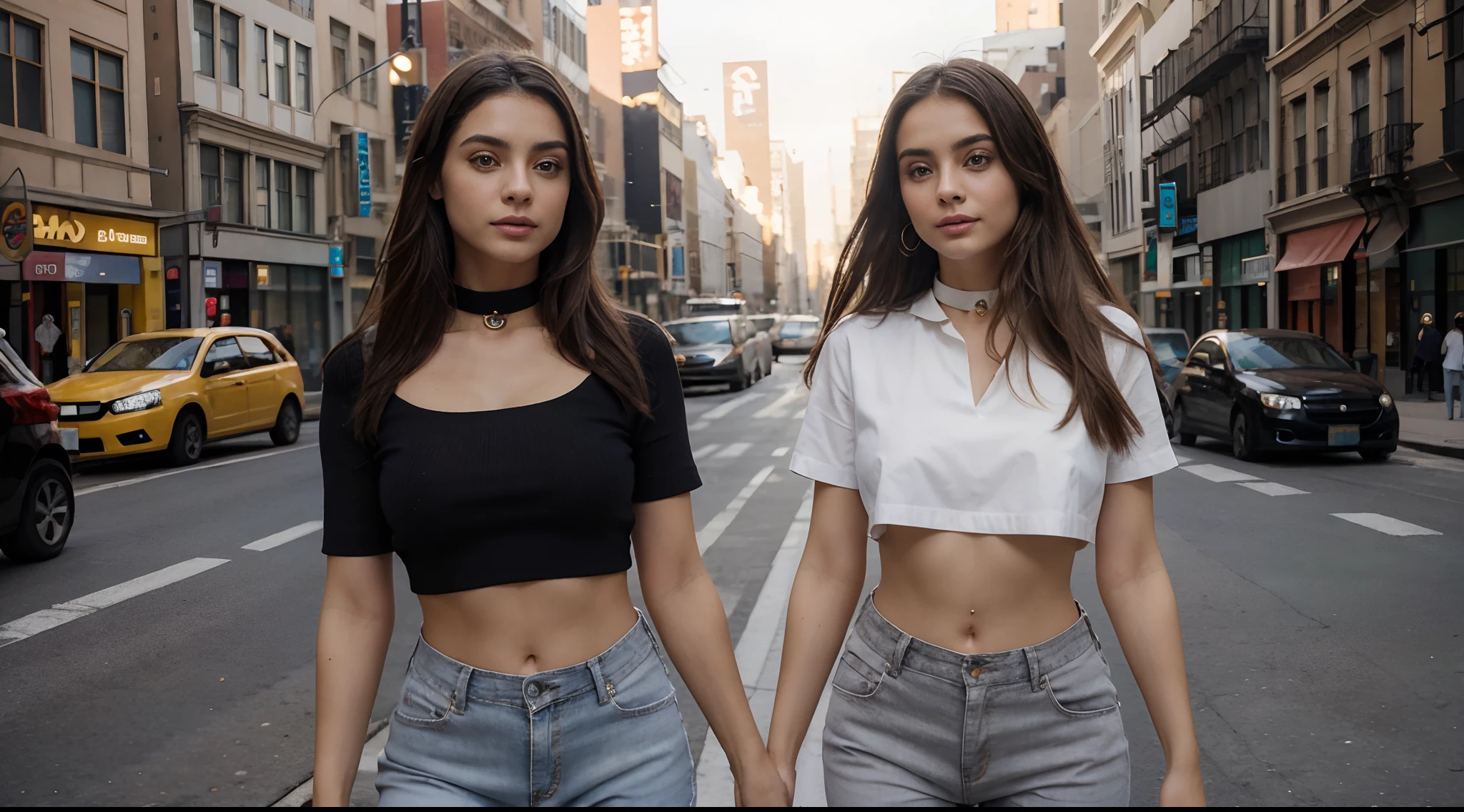 Obra maestra, La mejor calidad), beautiful woman, Parte superior detallada de cuello alto sin mangas, pants, collar, cabello ondulado, Cara perfecta, Cara hermosa, seductor, Grandes ojos hermosos, boca abierta, feliz, Cuerpo Perfect Slim Fit, (al aire libre), Calles de la ciudad, Nueva York, colores brillantes