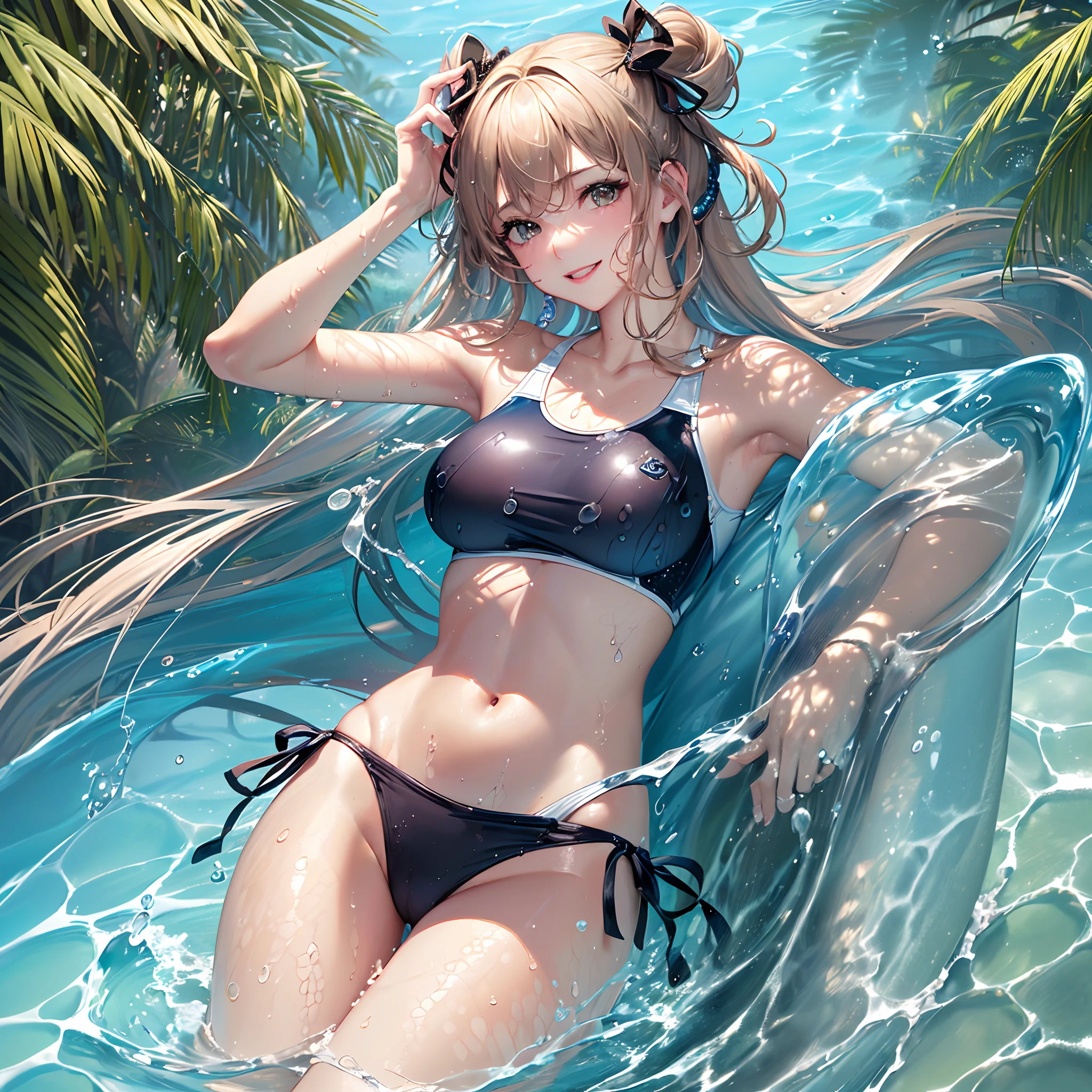 ((Finest quality)),(超A high resolution),(ultra-detailliert),(Meticulous portrayal),((Best CG)),(Finest works of art),Ultra-Precision Art,The art of astounding depiction, suns:1.5,the beach:1.5, (1人の女性:1.5),(swim wears:1.5),a smile,