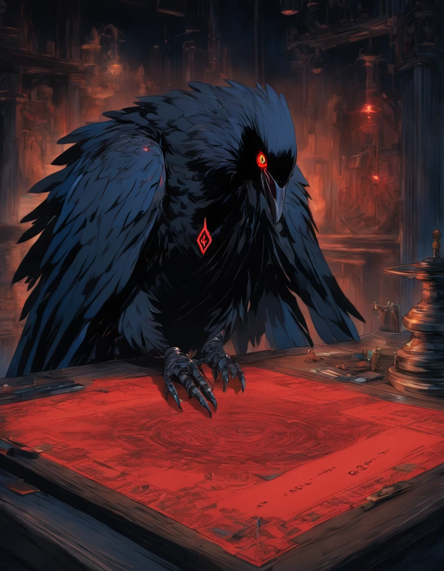 Une image du Corbeau ???? humain debout devant la table en bois, The plans spread out in front of him. Detailed blueprints of the red diamond watch can be seen, highlighting his obsession with the precious object.