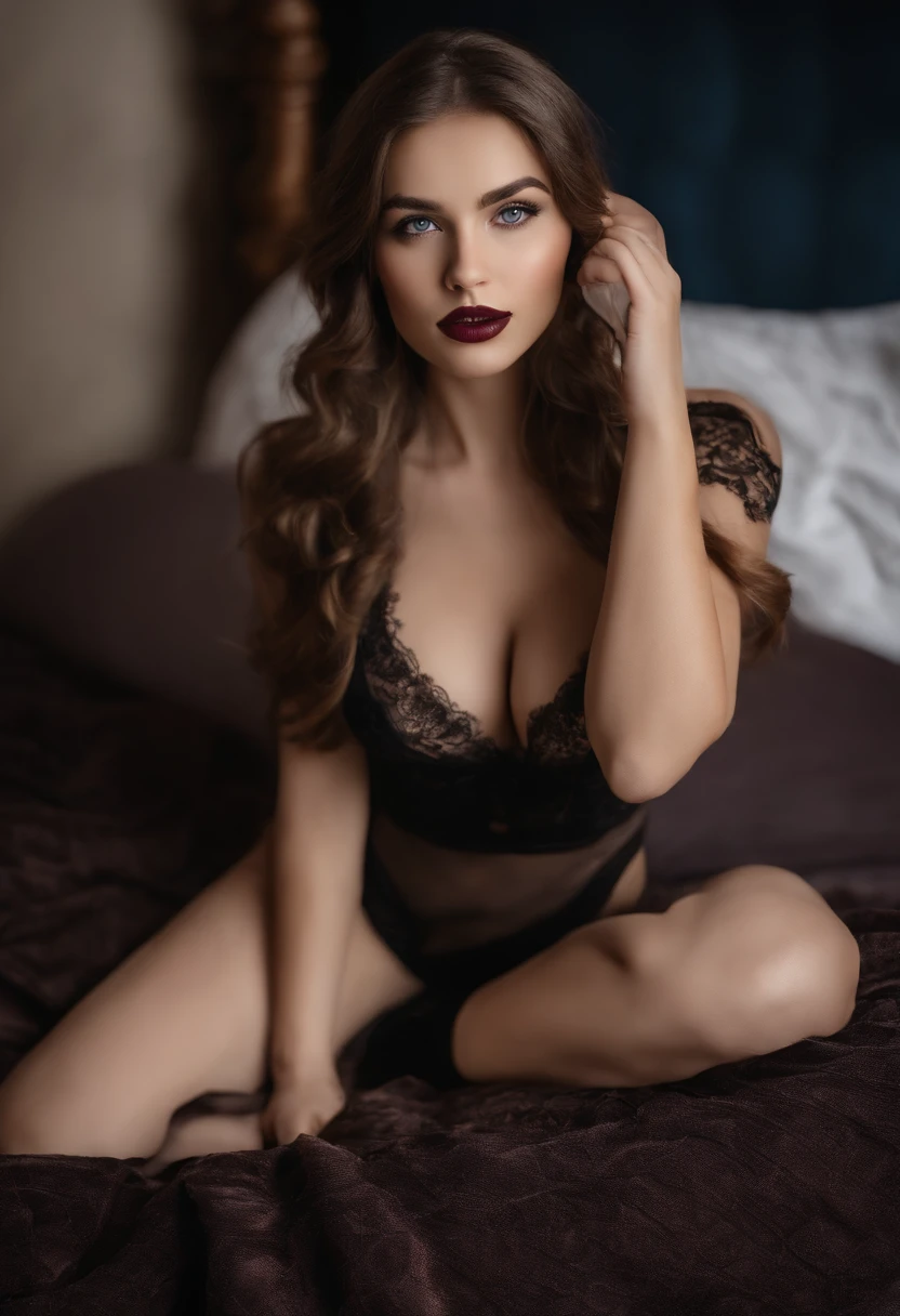 1girls, 18 years old, lange braune Haare, Sichtweise des Betrachters, mid large breasts, blaue Augen, full entire body, wears black lingerie, sitzt auf einem Bett, Hat Overknee Stiefel an, Lippen, Ultrarealistisch, Nase, The model knows, wie man mit der Kamera flirtet, Creates a seductive presence in every photo