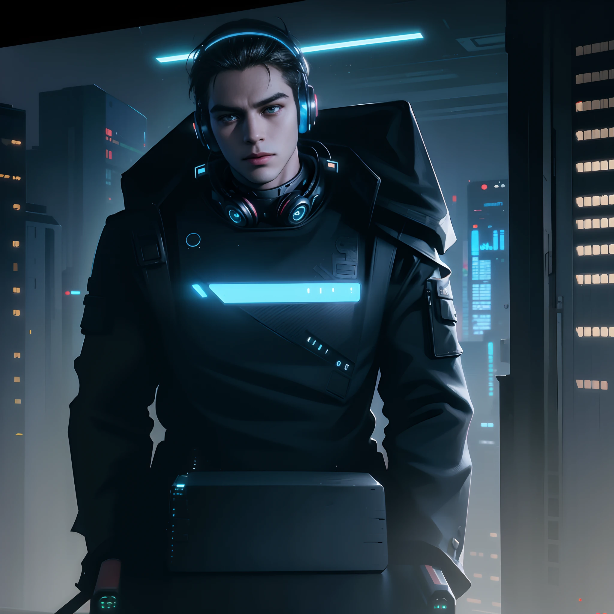 A man with headphones next to a robot, arte cyberpunk por Jason A. Engle, CGSetnation, retrofuturismo, Ilya Kuvshinov, scientific fiction, Futuristic, vibrante, fotorrealista, Realistic, Dramatic, Cinematic lighting, foco nítido, 8k