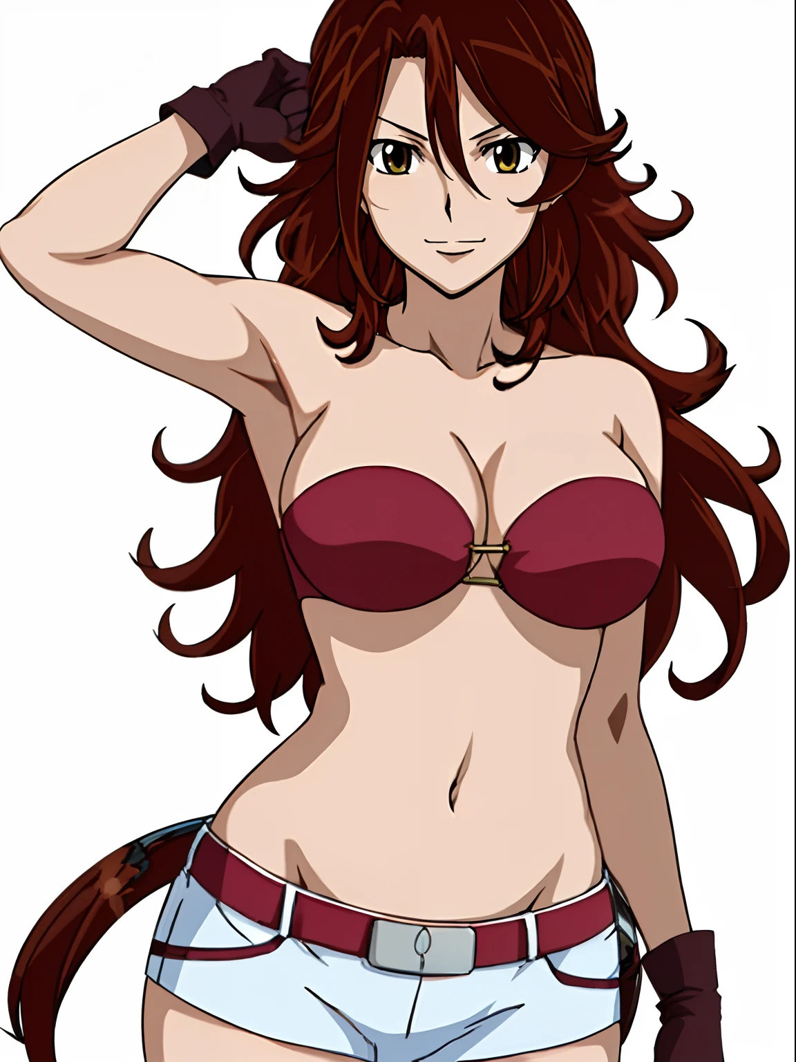 ((solo)), Best Quality, hires, curvy midsection, strong woman, female wrestler, smile, happy), upper body only, anime style: 1.8, anime drawing, ultra detailed face, ultra detailed body, 4k, Sumergai Lee Noriega, (standing), best quality, anime style, hires, highest definition, digital blending, bold drawing lines, (((White Background))), ( pro female wrestler, long attractive belly, slim body, ((strong arm muscles)), broad shoulders , off-shoulders, closed fists, (strapless bikini, shorts, white gloves, , arm band, champion belt)), (big breasts, closed mouth), (reddish hair, loose hair, curly hair, wavy hair, long hair, floating hair), 27 years old