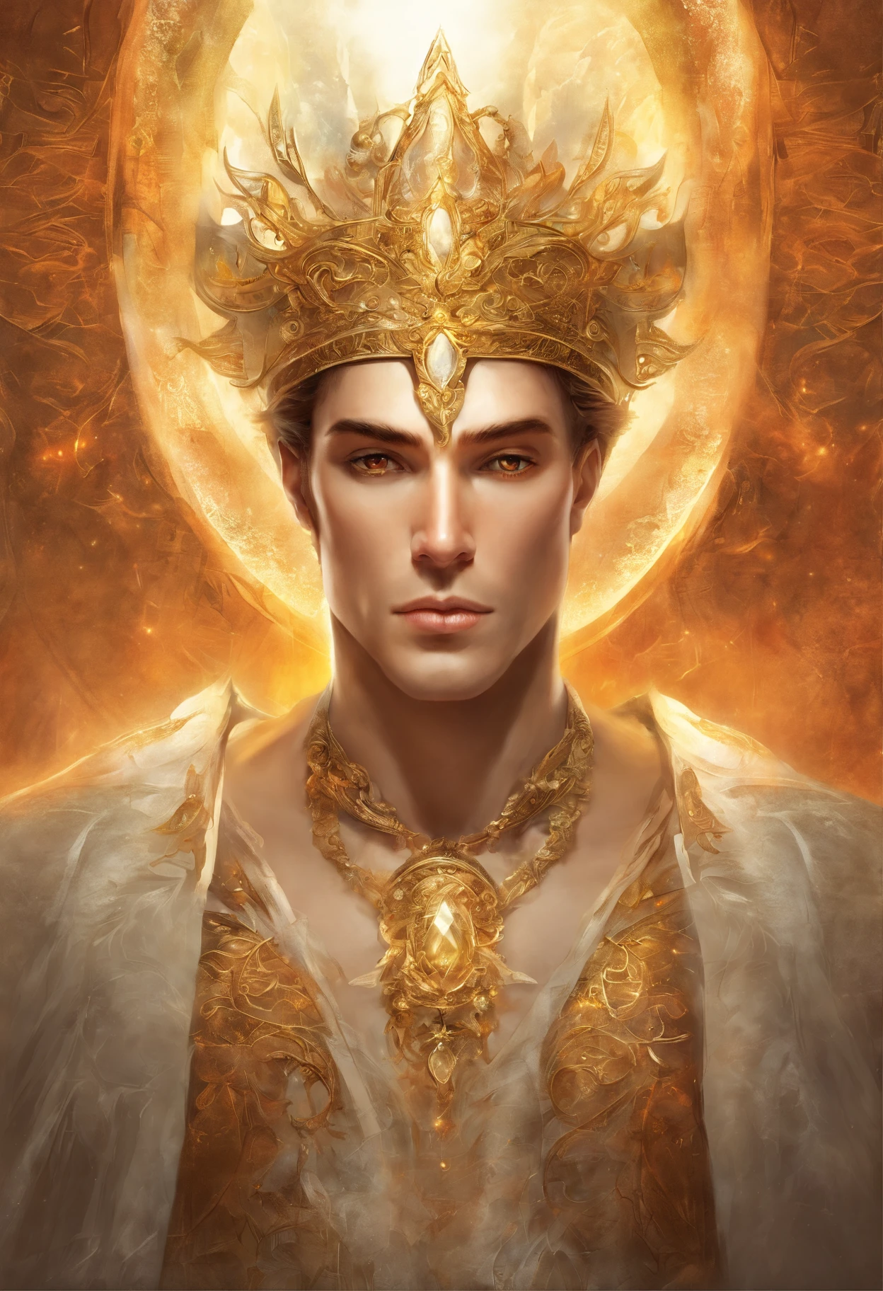 A high-definition portrait of a man's face, Deus, arte de deus, Deus da mitologia grega, Um retrato impressionante de um deus, Frank Kelly Freas, Estilo Karol Bak, ((beautiful face)), Ultra Definition, melhor qualidade. Olhos de ferro derretido saindo da chama, rosto brilhando como o sol, Longos cabelos brancos e brilhantes preenchendo a imagem, Coming out of the mouth a translucent and bright beam of light, wearing a bright white tunic from the first century with polished gold accents. Olhos fixos no centro da imagem. Show from face to shoulders.