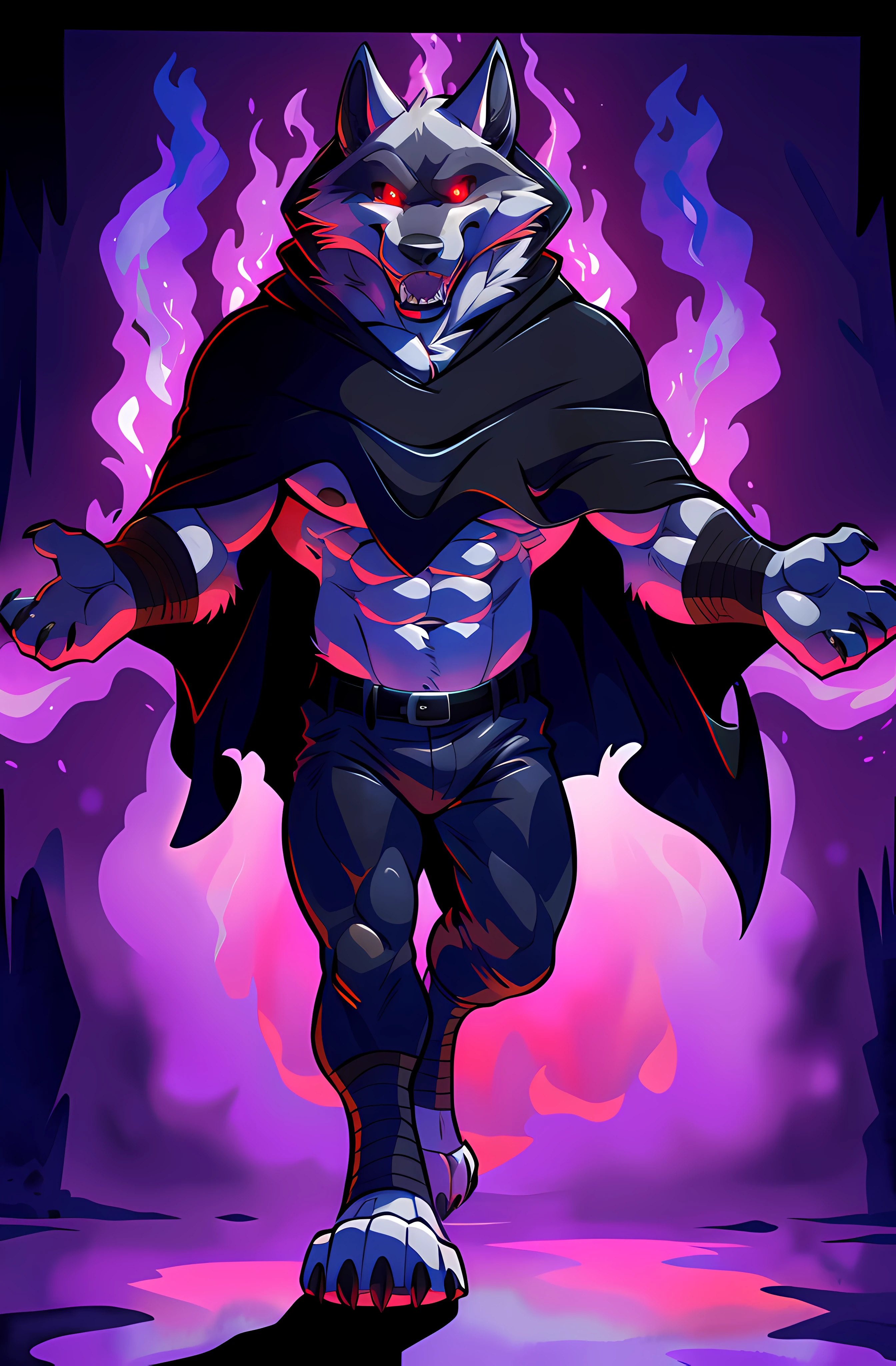 deathwolf, 4k, high resolution, best quality, posted on e621, solo, anthro body, male, adult, very masculine, (very muscular, defined muscles:1.1), (cartoony proportions:1.0), (no background, black background, framed by purple fire, stylized background:1.2), (by wfa:1.0), (by negger:1.0), (detailed eyes, red eyes, evil eyes, looking at camera:1.1), (cel shaded:1.2), cartoony shading, serious eyes, open mouth, smile, (full body, front view, walking towards camera, arms spread, open hands, hands spread:1.2), (watercolors:1.0), (black pants, black cloak, black poncho, flowing cloak:1.2), belt, (dramatic lighting, glow, darkness:1.4), wolf legs, wolf feet,