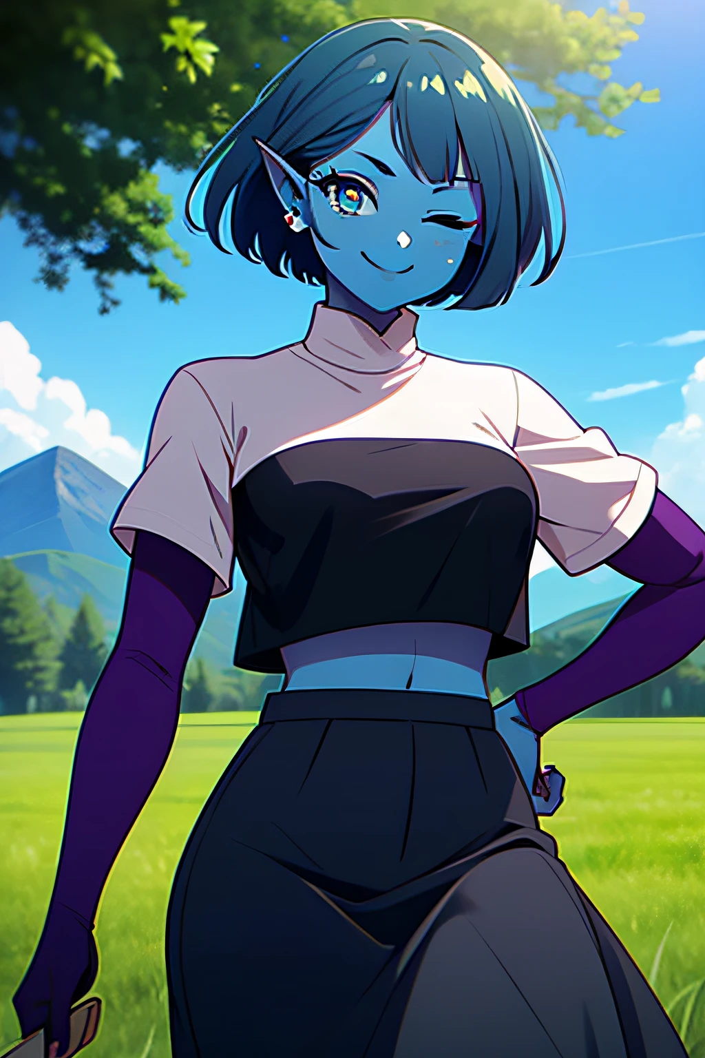 ((blue skin)), (((wink, one eye closed))), A woman with blue skin with an athletic build, she has blue eyes, she is smiling and winking, she has long purple hair, she wears a black crop top that shows off her midriff as well as a long black skirt, she holds a staff in one hand, while her other arm is behind her head, she is outside in a field with a mountain.