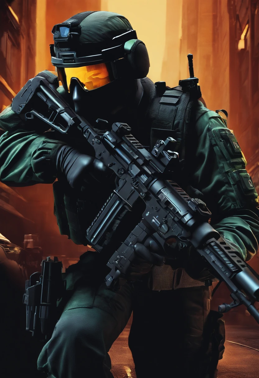 8 bit swat member, with a mp5 gun.