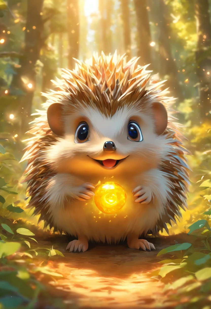 a hedgehog, uma coelhinha,  uma corujinha e um esquilo, acordando felizes em uma floresta encantada, com um sol radiante alto detalhe