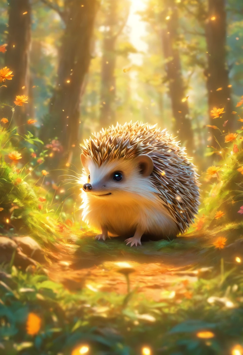 a hedgehog, uma coelhinha,  uma corujinha e um esquilo, acordando felizes em uma floresta encantada, com um sol radiante alto detalhe