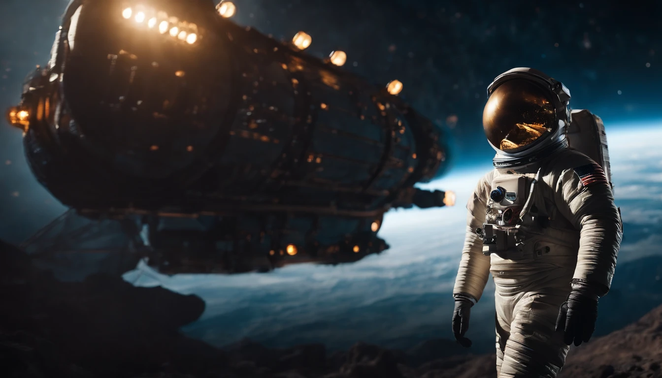 An astronauts back infront of a colossal ship in space