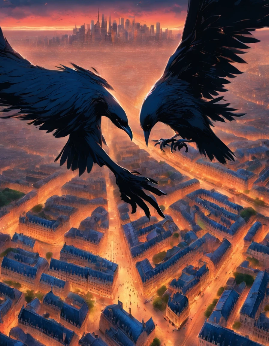 Une image de Corbeau noire humain portant un gant en cuir noir, his hand gliding delicately over a map of the city of Paris. Le doigt pointe vers l'emplacement crucial de la montre, revealing its expertise in planning.