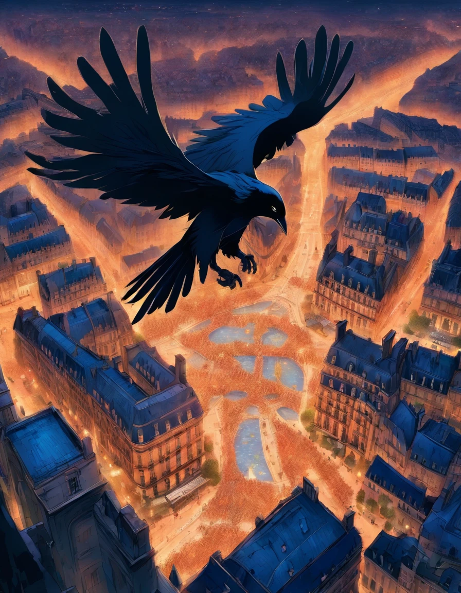 Une image de Corbeau noire humain portant un gant en cuir noir, his hand gliding delicately over a map of the city of Paris. Le doigt pointe vers l'emplacement crucial de la montre, revealing its expertise in planning.
