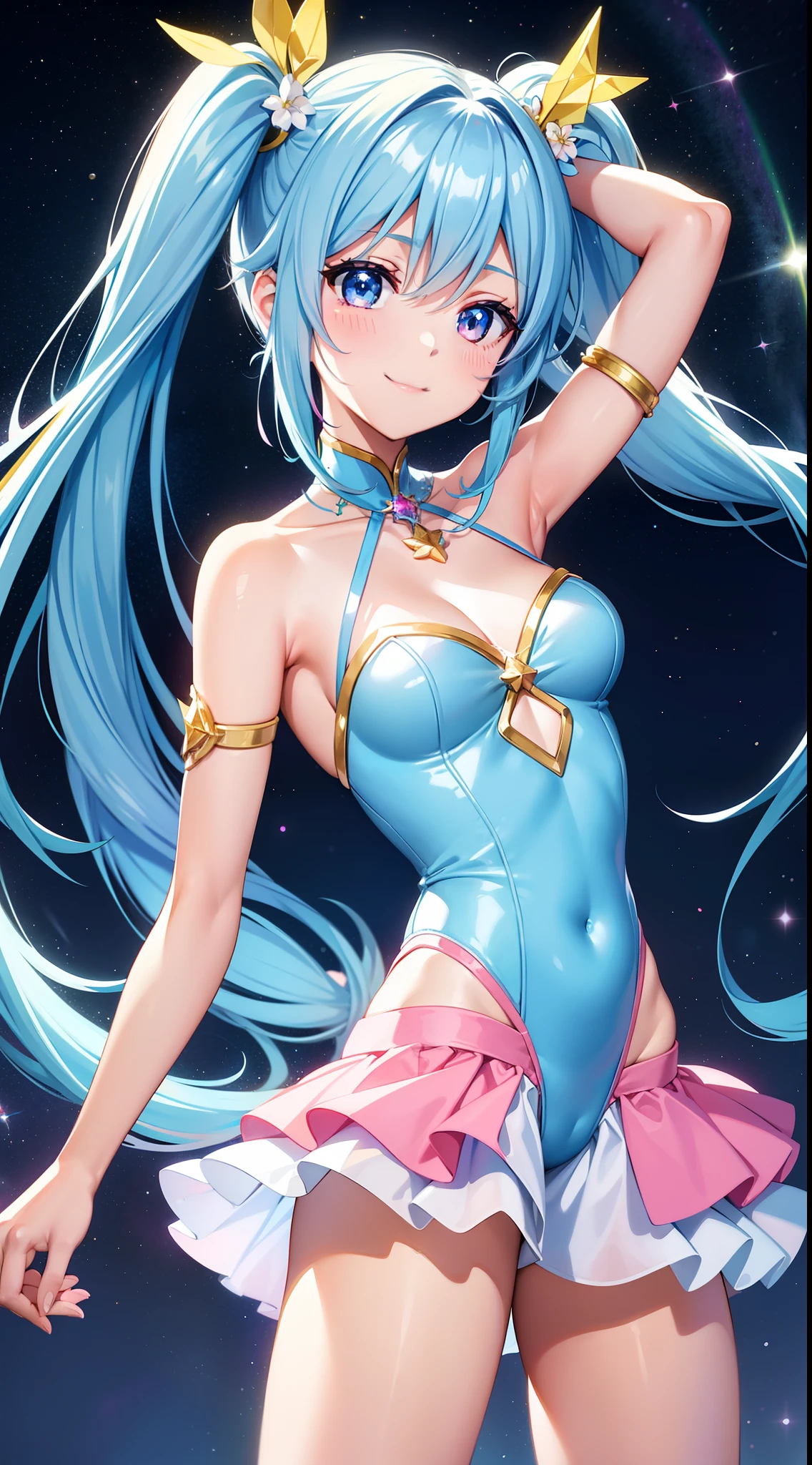 Super Idol　a beauty girl　A charming smile　sky blue hair　length hair　Twin-tailed　Glittery bright pink and white and blue and yellow leotards　facing front　Mystical　Fantasia　constellation　a moon　Crystal Brilliance　Aurora Borealis in the Night Sky　Bigger in the center