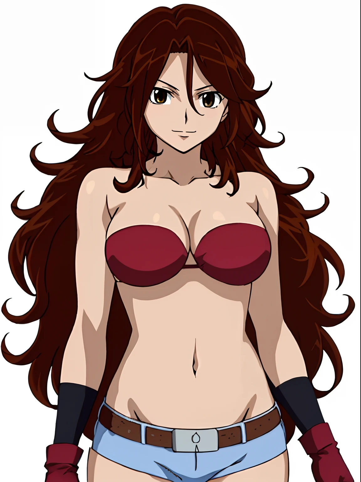 ((solo)), Best Quality, hires, curvy midsection, (strong woman, female wrestler), smile, happy), upper body only, anime style: 1.8, anime drawing, ultra detailed face, ultra detailed body, 4k, Sumergai Lee Noriega, (standing), best quality, anime style, hires, highest definition, digital blending, bold drawing lines, (((White Background))), ( (pro female wrestler), long attractive belly, slim body, ((strong arm muscles)), broad shoulders , off-shoulders, closed fists, (strapless bikini, shorts, white gloves, , arm band, (champion belt))), (big breasts, closed mouth), (big eyes, brown eyes, shiny eyes), (reddish hair, loose hair, curly hair, wavy hair, long hair, floating hair), 27 years old