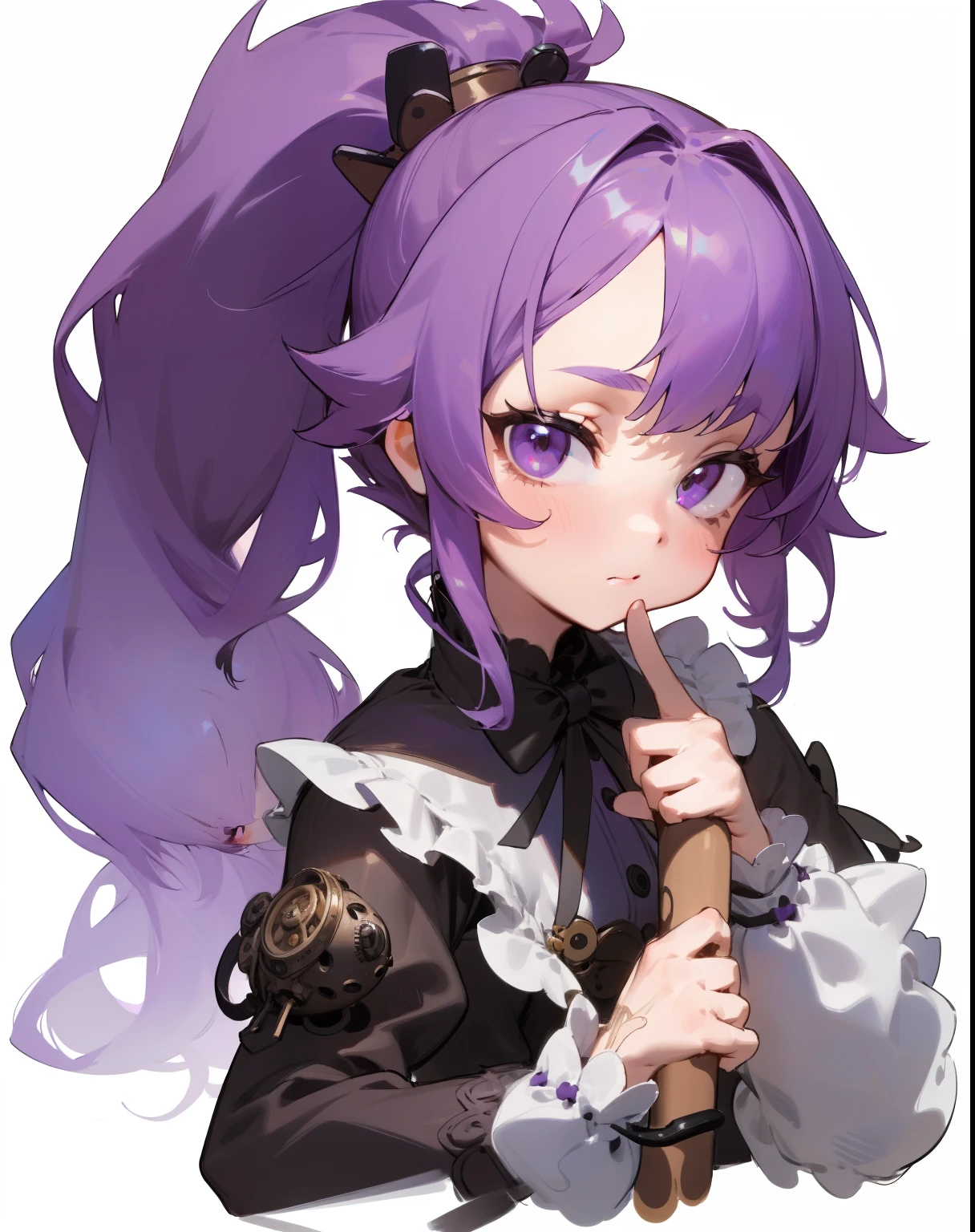 (masterpiece:1.0), (highest quality:1.12), (HDR:1.0), 1GIRL, cute girl, finely detailed, (best quality), (intricate details), cute style, loli, steampunk style, clockwork style, multicolored, ((long purple hair in long ponytail)), best quality, ((short puffy long sleeve dress)), ((black dress)), ((white thigh high socks)), ((round eyes)), beautiful face, cute face, pinup, perfect face, simple background, portrait, (splash art:0.8), portrait, (upper body:0.85)