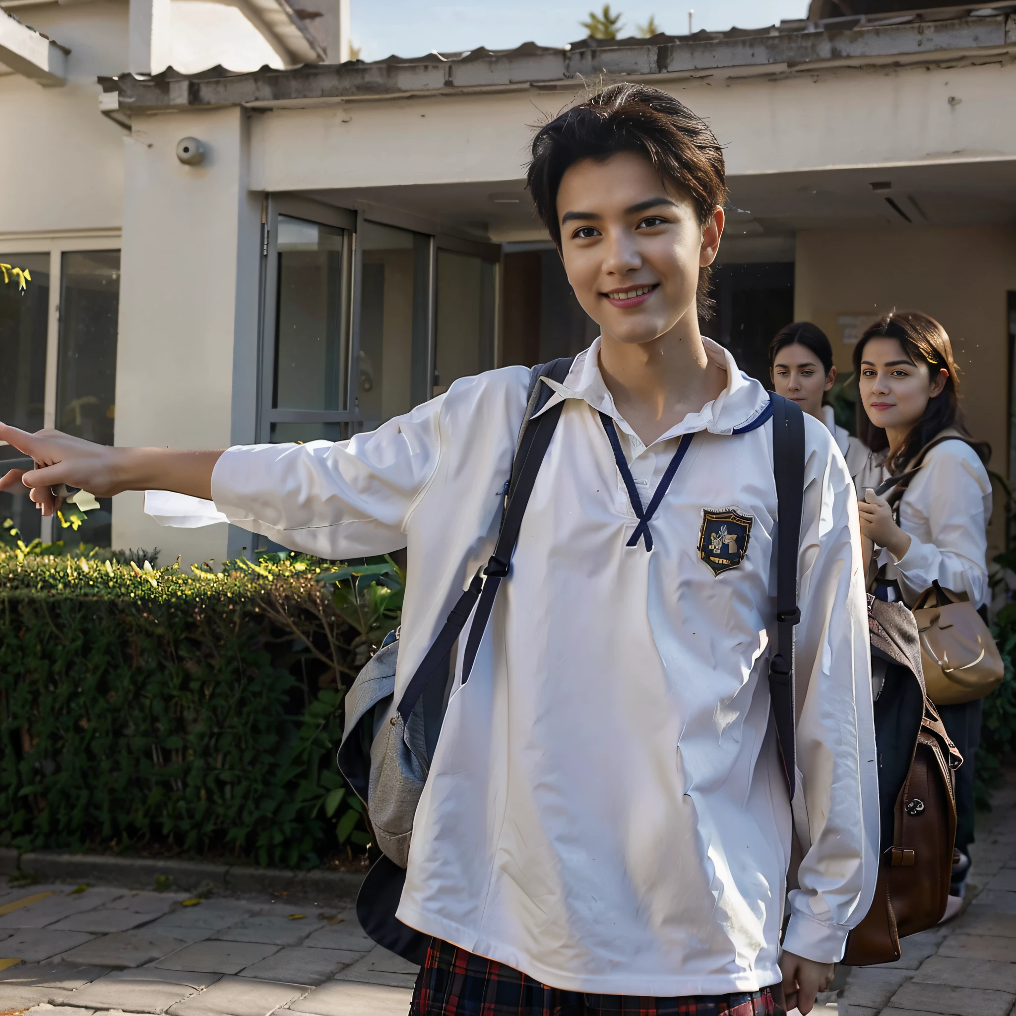 (Altas, Realistic, retrato detalhado de um estudante), Uniforme escolar, cabelos bem penteados, innocent expression, olhos brilhantes, sorriso travesso, segurando uma mochila, in front of a school building, cercado por colegas de classe, Cheerful and energetic atmosphere, Cores do outono, natural lighting.