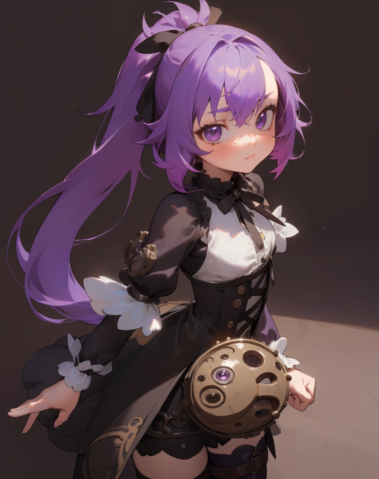 (masterpiece:1.0), (highest quality:1.12), (HDR:1.0), 1GIRL, cute girl, finely detailed, (best quality), (intricate details), cute style, loli, steampunk style, clockwork style, multicolored, ((long purple hair in long ponytail)), best quality, ((short puffy long sleeve dress)), ((black dress)), ((white thigh high socks)), ((round eyes)), beautiful face, cute face, pinup, perfect face, simple background, smooth lighting, (splash art:0.8), portrait, (upper body:0.85)