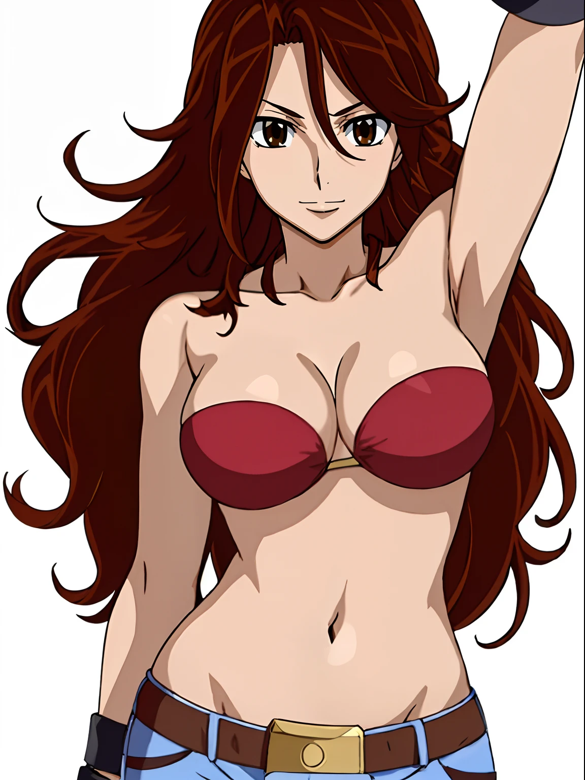 ((solo)), Best Quality, hires, curvy midsection, (strong woman, female wrestler, detailed muscles), smile, happy), upper body only, anime style: 1.8, anime drawing, ultra detailed face, ultra detailed body, 4k, Sumergai Lee Noriega, (standing), best quality, anime style, hires, highest definition, digital blending, bold drawing lines, (((White Background))), ( (pro female wrestler), long attractive belly, slim body, ((strong arm muscles)), broad shoulders , off-shoulders, closed fists, (strapless bikini, shorts, white gloves, , arm band, (champion belt))), (big breasts, closed mouth), (big eyes, brown eyes, shiny eyes), (reddish hair, loose hair, curly hair, wavy hair, long hair, floating hair), 27 years old