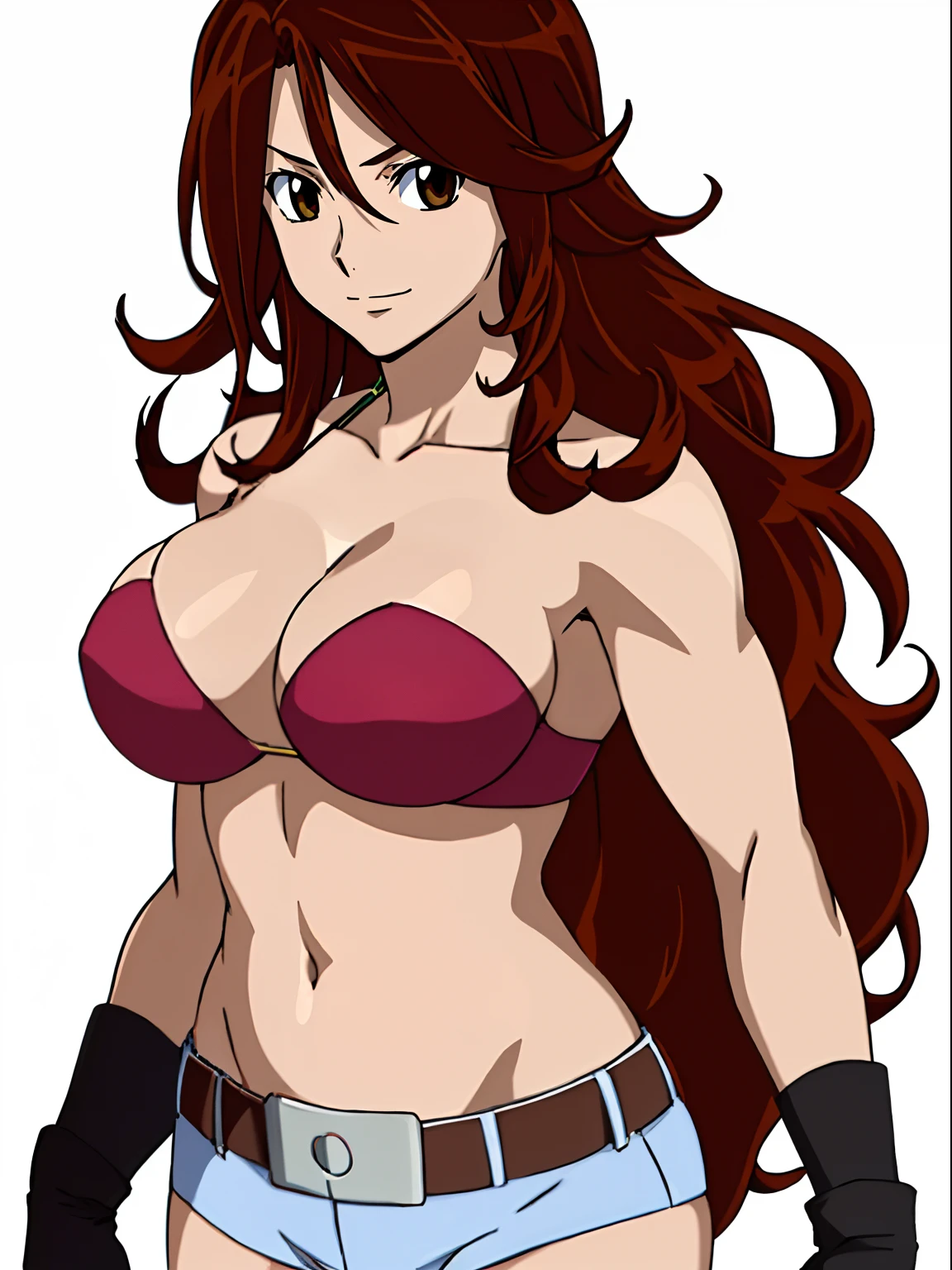 ((solo)), Best Quality, hires, curvy midsection, (strong woman, female wrestler, detailed muscles), smile, happy), upper body only, anime style: 1.8, anime drawing, ultra detailed face, ultra detailed body, 4k, Sumergai Lee Noriega, (standing), best quality, anime style, hires, highest definition, digital blending, bold drawing lines, (((White Background))), ( (pro female wrestler), long attractive belly, slim body, ((strong arm muscles)), broad shoulders , off-shoulders, closed fists, (strapless bikini, shorts, white gloves, , arm band, (champion belt))), (big breasts, closed mouth), (big eyes, brown eyes, shiny eyes), (reddish hair, loose hair, curly hair, wavy hair, long hair, floating hair), 27 years old