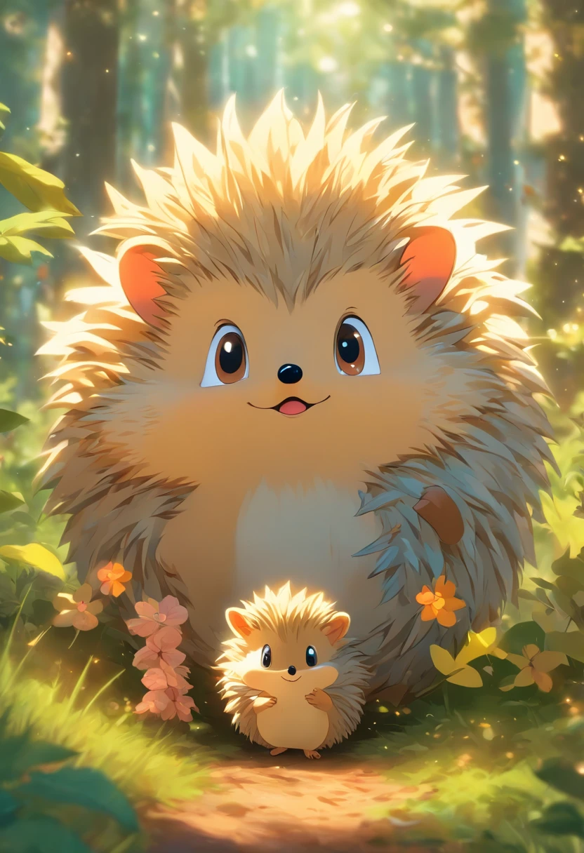 uma coelhinha, uma corujinha, A hedgehog and a squirrel together, perto um do outro, acordando felizes em uma floresta encantada, com um sol radiante alto detalhe