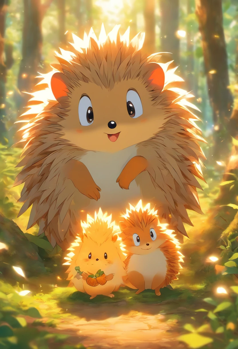 uma coelhinha, uma corujinha, A hedgehog and a squirrel together, perto um do outro, acordando felizes em uma floresta encantada, com um sol radiante alto detalhe