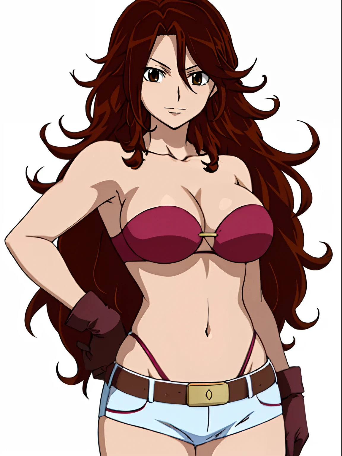 ((solo)), Best Quality, hires, curvy midsection, (strong woman, female wrestler, detailed muscles), smile, happy), upper body only, anime style: 1.8, anime drawing, ultra detailed face, ultra detailed body, 4k, Sumergai Lee Noriega, (standing), best quality, anime style, hires, highest definition, digital blending, bold drawing lines, (((White Background))), ( (pro female wrestler), long attractive belly, slim body, ((strong arm muscles)), broad shoulders , off-shoulders, closed fists, (strapless bikini, shorts, white gloves, , arm band, (champion belt))), (big breasts, closed mouth), (big eyes, brown eyes, shiny eyes), (reddish hair, loose hair, curly hair, wavy hair, long hair, floating hair), 27 years old