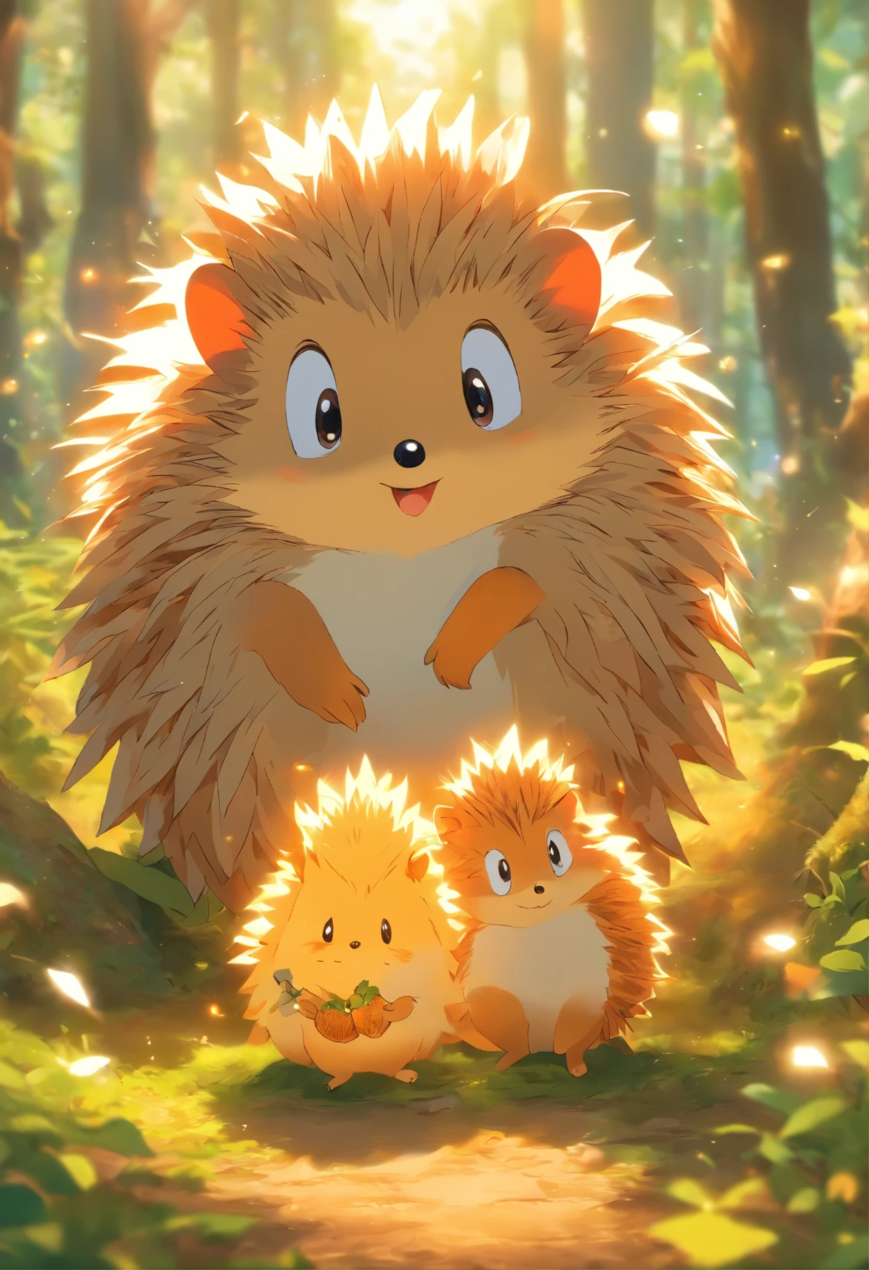 uma coelhinha,  uma corujinha, A hedgehog and a squirrel together,  perto um do outro, acordando felizes em uma floresta encantada, com um sol radiante alto detalhe