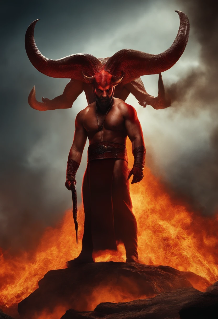 The scary mod, Netanyahu's face is furious, and he has two scary horns over his head. Behind him are devils. devils are so scary, with fire eyes.