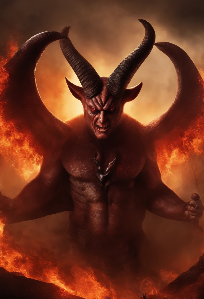 The scary mod, Netanyahu's face is furious, and he has two scary horns over his head. Behind him are devils. devils are so scary, with fire eyes.