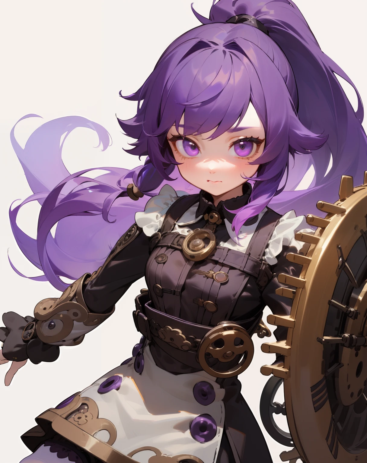 1GIRL, cute girl, finely detailed, (best quality), (intricate details), cute style, li, steampunk style, clockwork style, multicolored, ((long purple hair in long ponytail)), best quality, ((short puffy long sleeve dress)), ((black dress)), ((white thigh high socks)), ((round eyes)), beautiful face, cute face, pinup, perfect face, simple background portrait, (upper body:0.85)