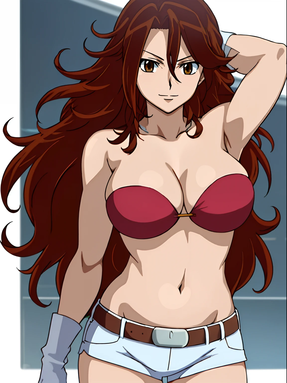 ((solo)), Best Quality, hires, curvy midsection, (strong woman, female wrestler, detailed muscles), smile, happy), upper body only, anime style: 1.8, anime drawing, ultra detailed face, ultra detailed body, 4k, Sumergai Lee Noriega, (standing), best quality, anime style, hires, highest definition, digital blending, bold drawing lines, (((White Background))), ( (pro female wrestler), long attractive belly, slim body, ((strong arm muscles)), broad shoulders , off-shoulders, closed fists, (strapless bikini, shorts, white gloves, , arm band, (champion belt))), (big breasts, closed mouth), (big eyes, brown eyes, shiny eyes), (reddish hair, loose hair, curly hair, wavy hair, long hair, floating hair), 27 years old