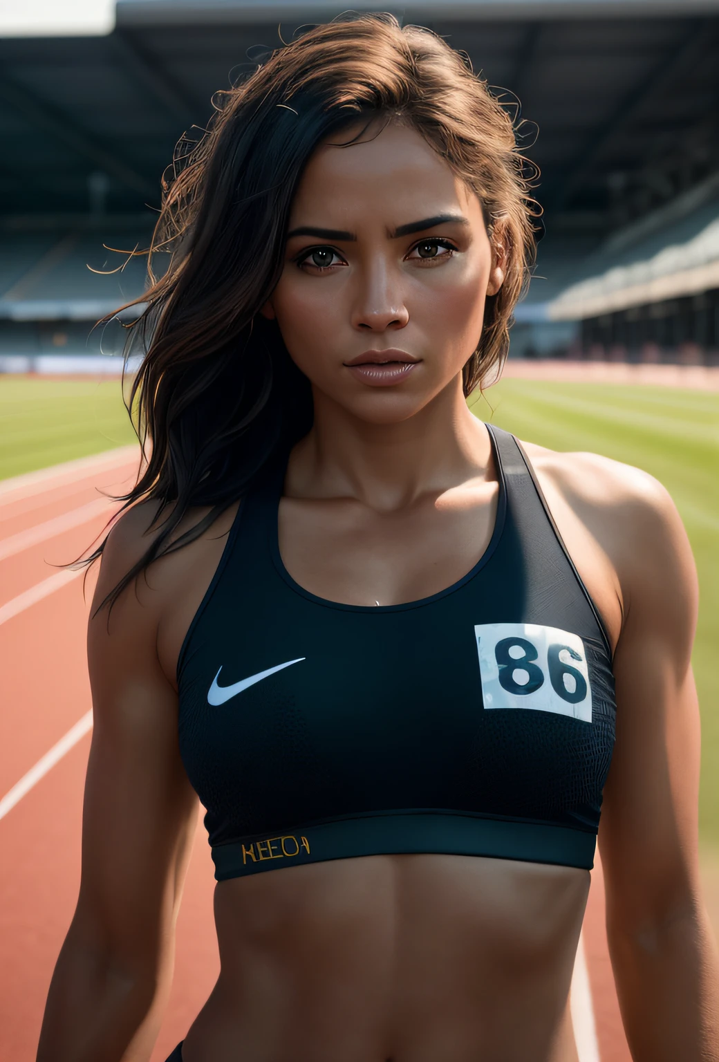 beautiful mature college girl, in track outfit, outside on track field, ((slim, petite)), photorealistic, photo, masterpiece, realistic, realism, photorealism, high contrast, photorealistic digital art trending on Artstation 8k HD high definition detailed realistic, detailed, skin texture, hyper detailed, realistic skin texture, armature, best quality, ultra high res, (photorealistic:1.4),, high resolution, detailed, raw photo, sharp re, by lee jeffries nikon d850 film stock photograph 4 kodak portra 400 camera f1.6 lens rich colors hyper realistic lifelike texture dramatic lighting unrealengine trending on artstation cinestill 800,