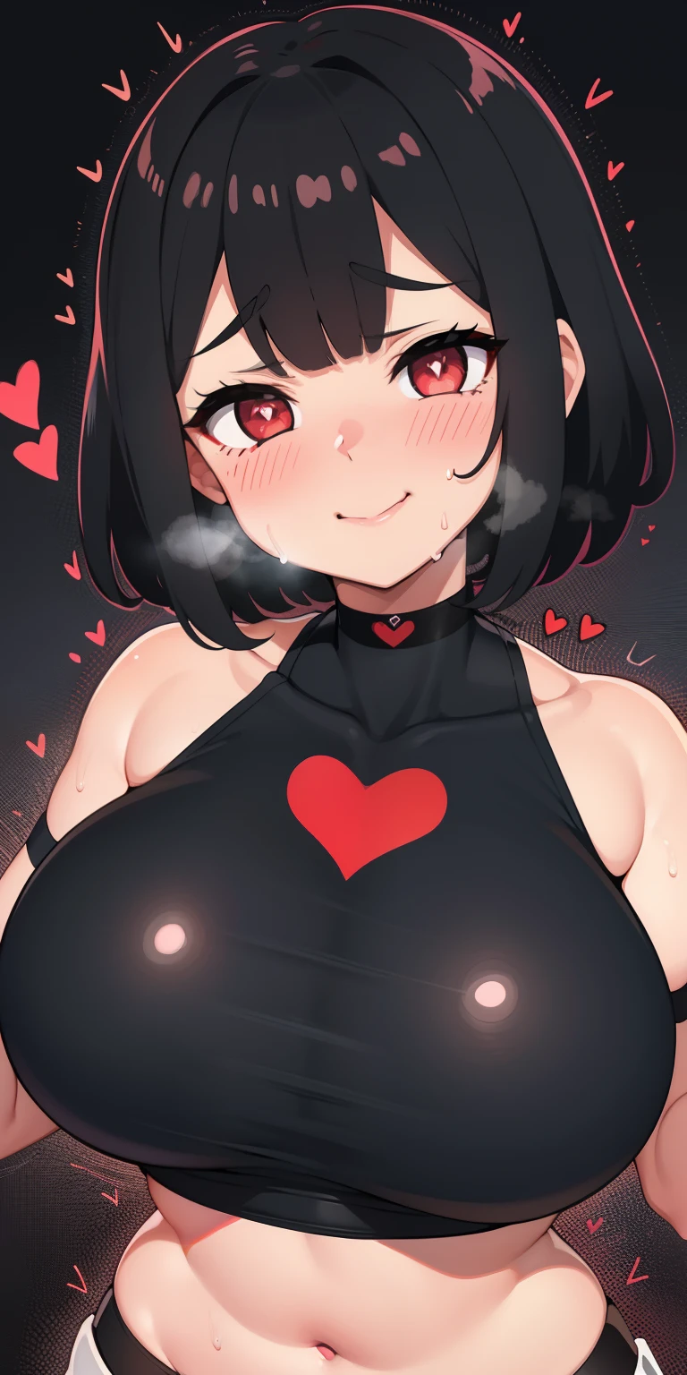 1girl,heart-shaped pupils,short balck hair,red eyes,(blush:1.1),tight black body suit,shown breasts and pussy,choker,upper body,trembling,sweat,sweatdrop,heart,(speed lines:1.1),medium breasts, ((heavy breathing:1.3)), love, heart, crop top, happy, smile