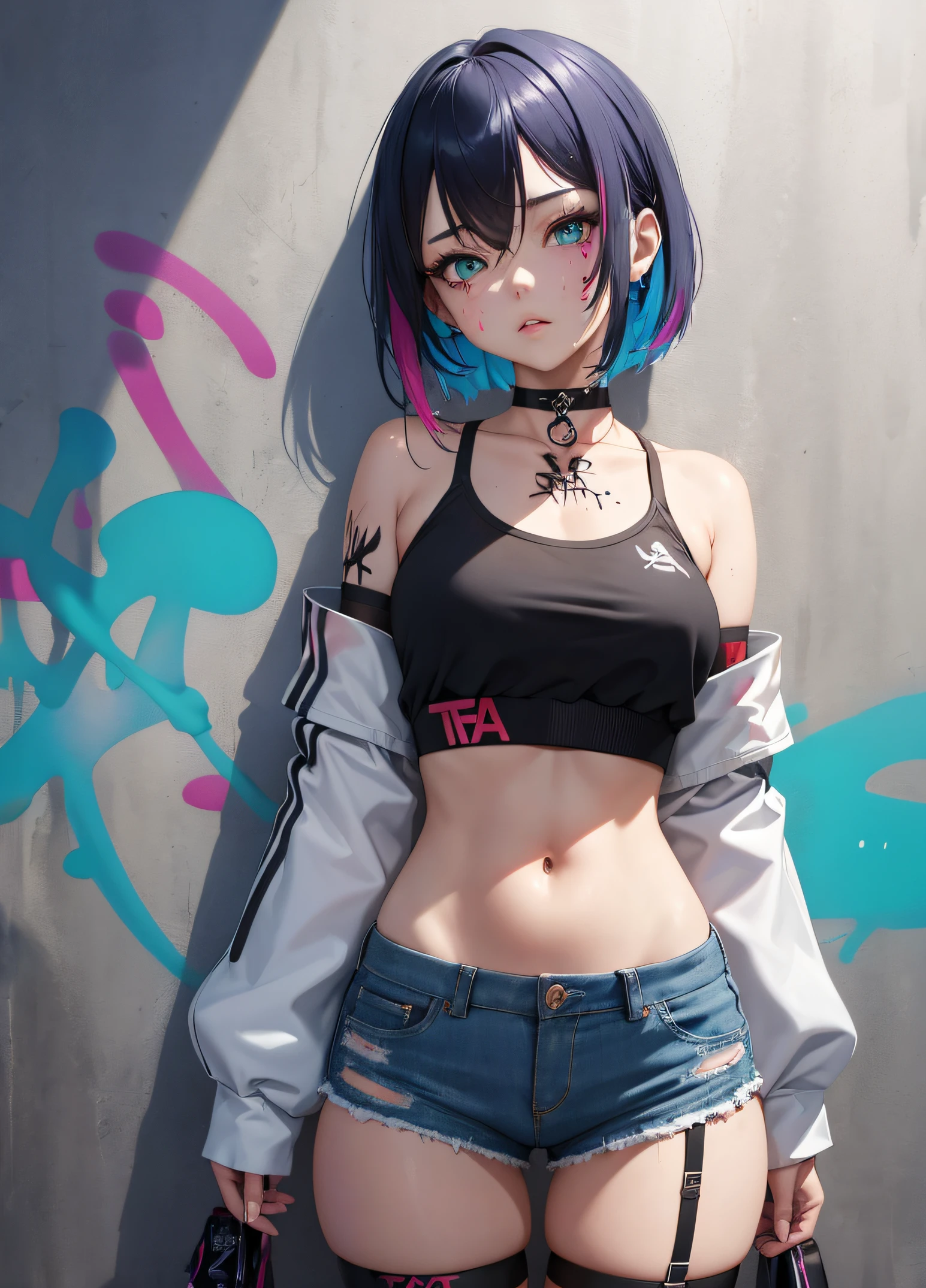 tmasterpiece, beste-Qualit, 1girl, 独奏, crop-top, jean shorts, Choker, (grafffiti:1.5), paint splatter,  Against a wall, looking a viewer, thigh strap, Paint on the body, tilt of head,  multi-colored hair, aqua eyes, A woman's body is defined by thick hips, cybernetic parts of the body, short skirt