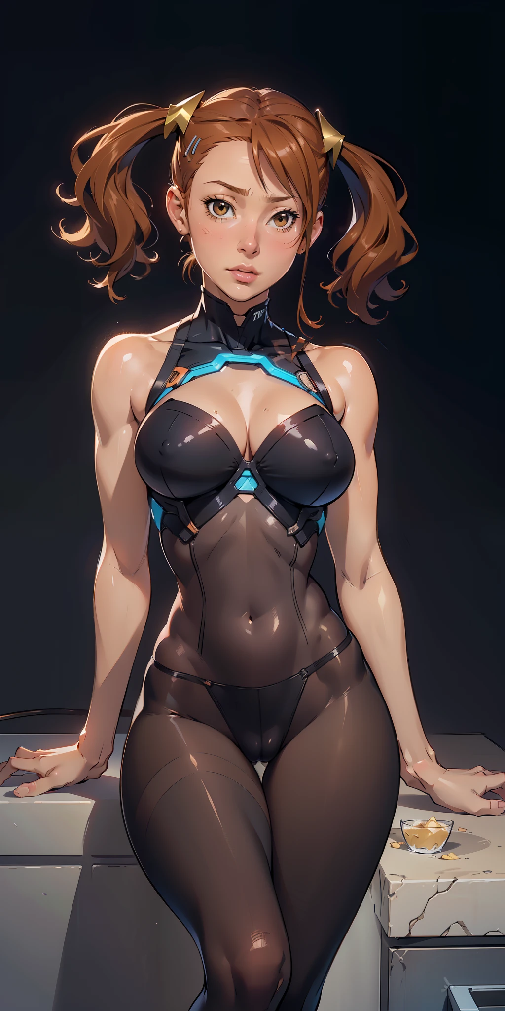 Hyper realistic super detailed sexy Anjo Naruko, Very detailed, expressions faciales sexy, seductive facial expressions, [:(Face detail: 1.4): 0.4], 16K resolution, 4k resolution, dinamic lighting, High definition resolution, (hyper realistic: 1.4),(contrasting background: 1.5), (Anatomy of the hyperrealistic arm), (Hyperrealistic anatomy of the legs), (peau propre), (lighting cinematic: 1.7), (intime), (Technologie NVIDIA RTX Ray Tracing), (Anatomy of the hyperrealistic arm: 2), (Ventre plat parfait), (image couleur), Anjo Naruko, breasts, cleavage, blush, medium breasts. bob cut, brown eyes, brown hair, lips, short hair, brown pantyhose, pantyhose, bathroom, thighs, tight cameltoe, see through pantyhose, tight gap, medium boobs, skindentation, Anjo Naruko, haircliphairclip , twintails, looking at viewer