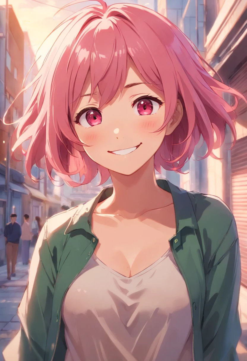 anime girl smiling shyly, pink hair, messy hair, short hair, red eyes, shy and blushing face, big breasts