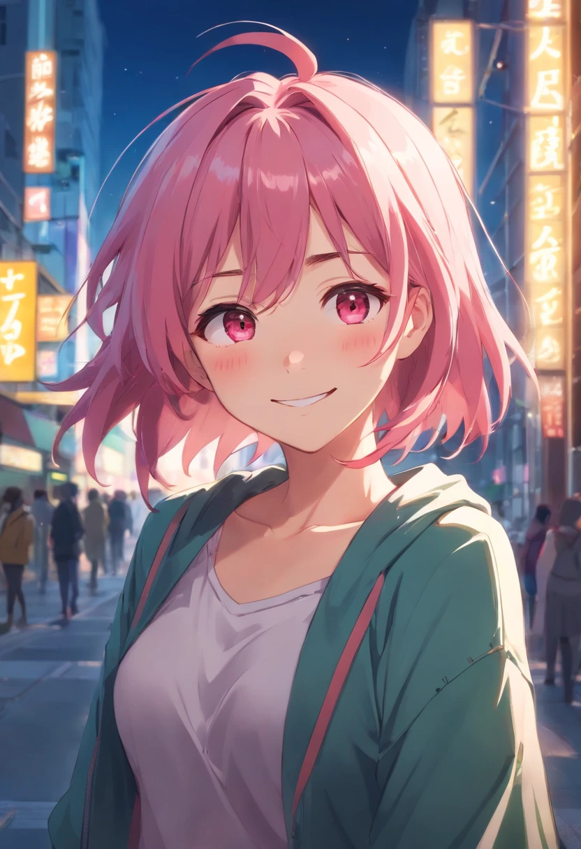 anime girl smiling shyly, pink hair, messy hair, short hair, red eyes, shy and blushing face, big breasts