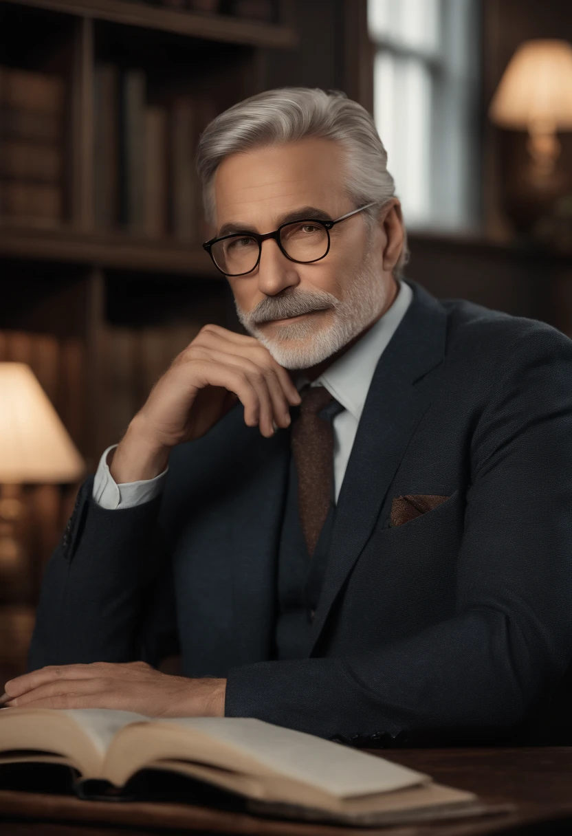 best quality,ultra-detailed,portrait of father,realistic,photorealistic,aged man,loving expression,gray hair,wrinkles on forehead,glasses,wise and kind eyes,white beard and mustache,strong jawline,deep lines around the mouth,well-defined nose,suit and tie,gentle smile,in a study room,bookshelves filled with books,vintage furniture,soft warm lighting,subdued colors,peaceful atmosphere