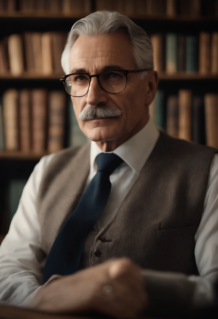 best quality,ultra-detailed,portrait of father,realistic,photorealistic,aged man,loving expression,gray hair,wrinkles on forehead,glasses,wise and kind eyes,white beard and mustache,strong jawline,deep lines around the mouth,well-defined nose,suit and tie,gentle smile,in a study room,bookshelves filled with books,vintage furniture,soft warm lighting,subdued colors,peaceful atmosphere