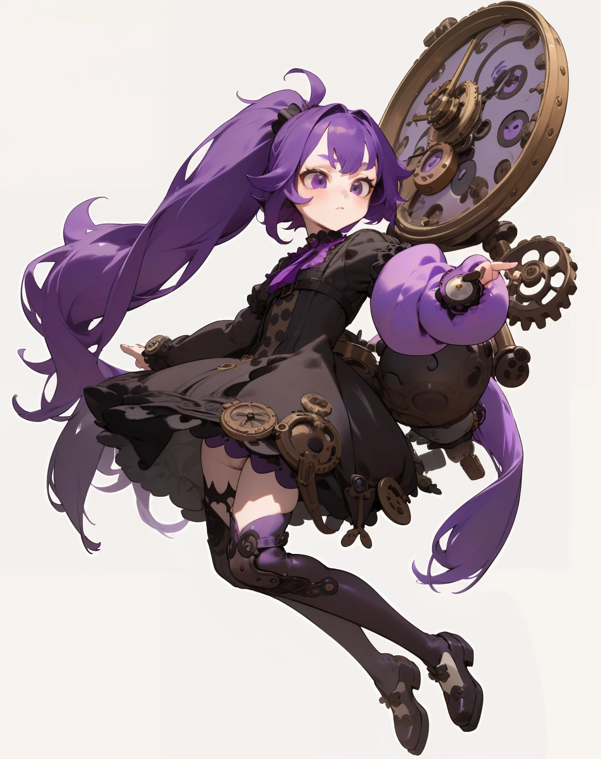 1GIRL, cute girl, finely detailed, (best quality), (intricate details), cute style, li, steampunk style, clockwork style, multicolored, ((long purple hair in long ponytail)), best quality, ((short puffy long sleeve dress)), ((black dress)), ((white thigh high socks)), ((round eyes)), beautiful face, cute face, pinup, perfect face, simple background portrait, full body